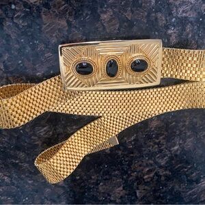 Vintage Gold-Tone Mesh Belt with Black Stone Buckle One Size